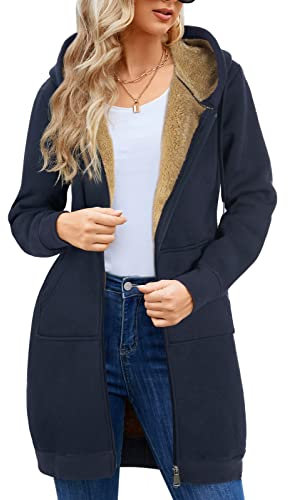 Nadeer Felpe Cappotto Donna Plain Sherpa Peluche Zip Up Medio-Lungo Casual Caldo Pile Coulisse Donna Felpa con Cappuccio Inverno Manica Lunga Giacca con Tasche Outwear (Blu Navy,L)