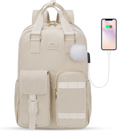 MATEIN Cute Backpack 15.6 Inch, Corduroy Backpack with USB Charging Port, Fluffy Girls School Bag, Lightweight Laptop Rucksack for Women, Student, Teen, Beige
