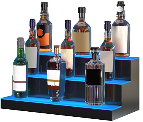 VEVOR Barregal Weinregal, LED-beleuchtetes Hausbarregal mit RF-Fernbedienung und App-Steuerung, 3 stufiges Getränkebeleuchtungsregal aus Acryl, 600 x 300 x 250 mm kommerzielle Weinflaschenständer
