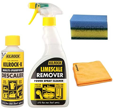 Limescale Remover & Descaler Bundle | With 1x 500ml Power Spray Cleaner, 250ml Multi Purpose Descaler, Microfiber Cloth, 2x Cleaning Sponge