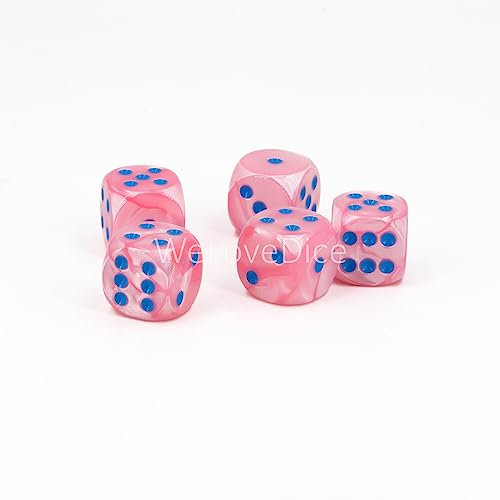 W6 Würfel (16mm) in pink/Blaue Punkte - Made in Germany - WeLoveBeads - 5 Stück