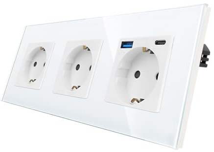 CNBINGO Enchufe triple de cristal con 2 puertos USB, 1 × (tipo C y tipo A soporte de carga rápida de 20 W), enchufe Schuko empotrado en blanco – Enchufe de pared con marco de cristal