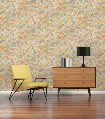 A.S. Création Retro-Tapete 70er Jahre 0,53 x 8,5 m -Tapete-Vintage mit Blumenmuster in Orange, Grün, Weiß - Vliestapete Retro Chic Made in Germany - 395353