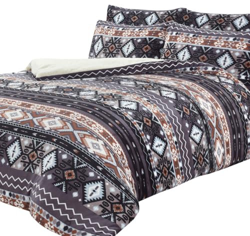 Olivia Rocco Azteken-Fleece-Bettwäsche-Set mit Kissenbezügen, pflegeleicht, thermisch, warm, gemütlich, superweich, flauschig, Doppelbett, Grau