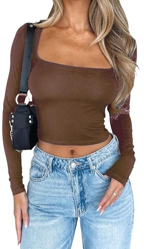 Women's Slim Fit Crop Tops Casual Solid Color Crew Neck Long Sleeve Tight T-Shirt Basic Blouse Tee Tops (XX-Sqaure Neck Brown, L)