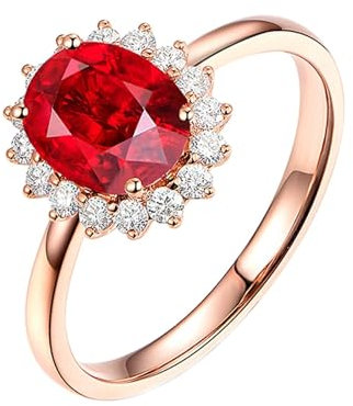 Eheringe Lesbisch, Ringe 18K Gold Roségold Blume Lab Rubin 0.62CT Taubenblutrot Ovalschliff VVS mit Diamant Weiß Größe 50 (15.9) Gravur für Neujahr