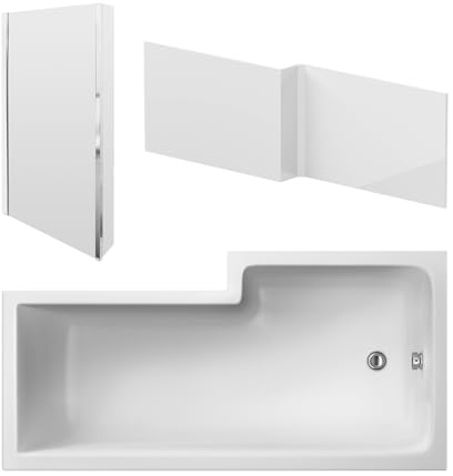 nuie SBATH13 Modern Bathroom L Shape Square Shower Bath Set with Screen and Front Panel - Left Hand, 1600 x 850 x 390mm, White/Chrome
