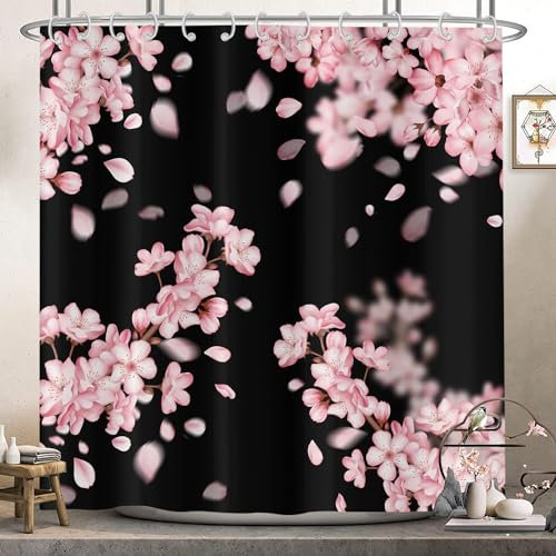 Hnmdmyi Rideau de Douche Fleurs de Cerisier 180x200, Rose Fleurs Japonais Style Asiatique Sakura Art Esthétique Noir Rideau de Baignoire Imperméable Polyester Tissu Lavable Rideau de Bain