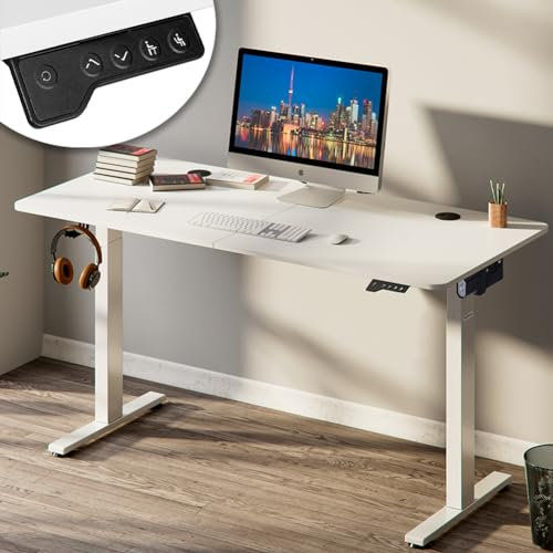 Shally Dogan Scrivania Elettrica Regolabile in Altezza, Tavolo Motorizzato Alzabile con Console di Comando e Tasti di Regolazione, Gancio Supporto Cuffie, Standing Desk (Bianco, 140 x 60 x 72-117 cm)