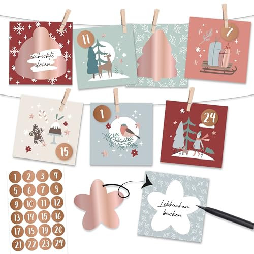 Papierdrachen Rubbelkalender Cheerful Christmas - Adventskalender - zum Ausfüllen und Verschenken - Botschaften eintragen - für Gutscheine, Rätsel und Aufgaben - inkl. Holzklammern und Schnur - Set 05