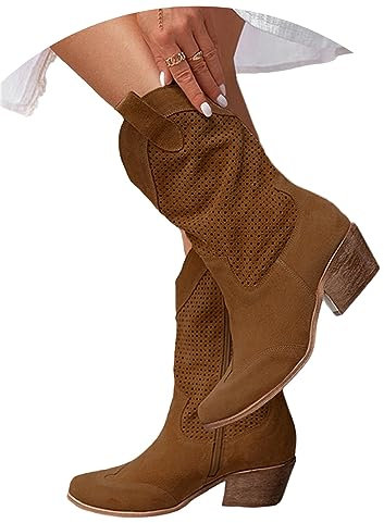 Stivali da cowboy da donna stivaletti in pelle scamosciata stivali western alti alla caviglia stivali a punta con tacco basso stivali mezze lunghezze in pelle scamosciata traforata scarpe da donna