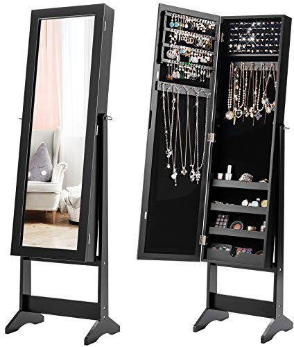 COSTWAY Freestanding Jewellery Cabinet, 3-Angle Adjustable Jewelry Armoire with Full-Length Mirror and Large Storage, Bedroom Floor Makeup Cosmetics Jewellery Organiser Unit Gift (Black)