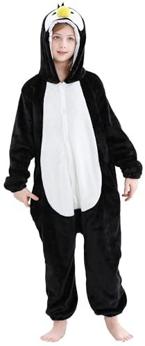 COOKY.D Pigiama con Cappuccio per Bambini Tuta da Cartone Animato Pigiama da Giocatore per Ragazze Pigiama da Notte per Bambini,Pinguino età 7-8 Anni