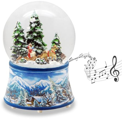 Schneekugel Schlittenfahrt Weihnachtsbaum Holen | Sockel Winterlandschaft hellblau | mit Spieluhr | H:14 cm B: 10 cm | Schüttelkugel | 20102