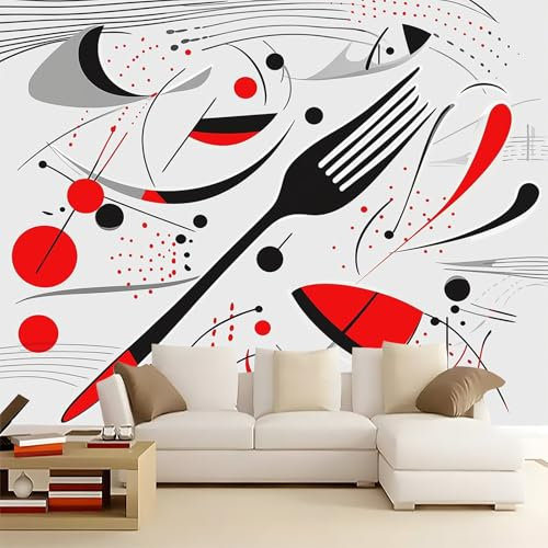 Papier Peint Panoramique Imprimé Vaisselle De La Ligne RéTro, Papier Peint Non Tissé Gris Rouge pour Enfants et Adultes, Murale Déco Maison 200 x 140 cm pour Chambre Salon Décoration Murale