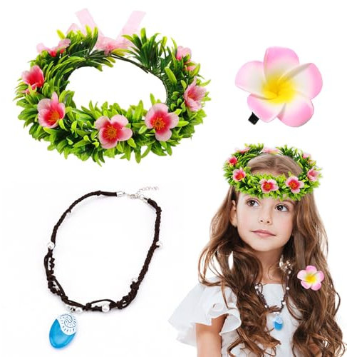 Hifot 3 Stück Prinzessin Moana Vaiana kostüm Zubehör Kinder Mädchen Vaiana Kette Blau Hawaii Haarspangen Blume Stirnband Großer Kranz Geburtstag Halloween Fasching Karneval Cosplay