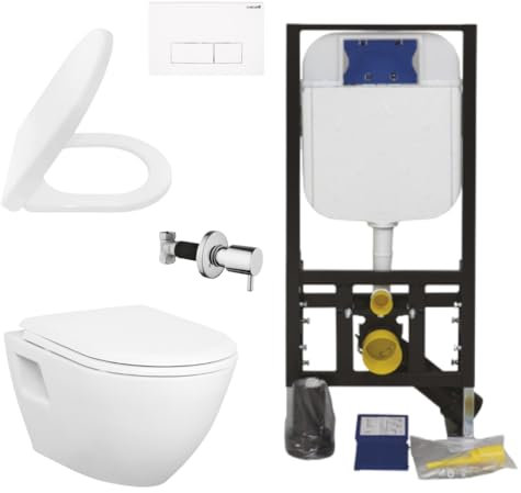 Creavit Hänge WC Set Weiß spülrandlos mit Edelstahl Bidet, Softclose WC Sitz und 3/6 L Vorwandelement Unterputz Komplettset