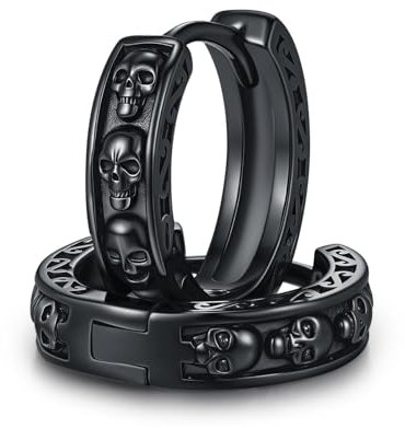 CHENGHONG Schwarze Totenkopf Creolen Silber 925 Totenkopf Ohrringe Gothic Schmuck Geschenke für Herren Frauen Männer
