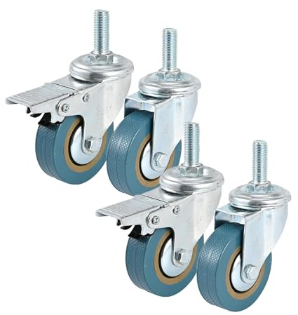 4 Pack 75mm Rubber Castor Wheels, M12 Threaded Stem, 2 Braked | 2 braked + 2 unbraked swivel castors, 200kg total load, 75 x 25mm rubber wheels for trolleys, benches and furniture