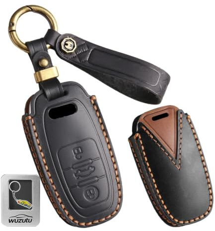 WUZUTU Leder Autoschlüssel Hülle Schlüsselhülle Schlüsseltasche Schlüsselanhänger Kompatibel mit Audi A3 A4 A5 A6 A7 A8 Q5 Q7 Q8 S4 S5 S6 S7 R8 RS4 RS5 RS6 RS7 TT TTS TTRS E-Tron Quattro B-Schwarz
