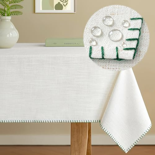 HushLoom Tischdecke Leinenoptik 140 x 240 cm Dunkelgrün Leinentischdecke Frühling Abwaschbar Wasserabweisend mit Lotuseffekt Eckig Tischtuch für Garten Balkon Esszimmer und Wohnzimmer Stilvoll Elegant