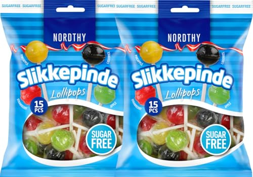 Nordthy Zuckerfreie Lollipops 2x100g – Lutscher ohne Zucker in 4 Sorten (Apfel, Lakritz, Erdbeere, Ananas)