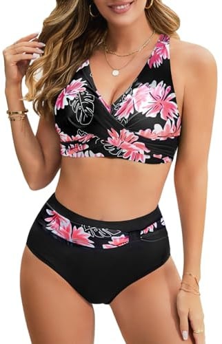 UMIPUBO Maillot de Bain Femme 2 Pièces Culotte Taille Haute Bikini Set Push Up Bikinis Sexy Col V Élégant Swimwear Ajustable Maillot de Plage (Fleur Rose, XXL)