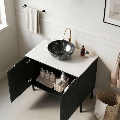 DRIXNO Waschtisch mit Unterschrank, Badezimmer Badmöbel Set, Freistehender Badezimmerwaschtisch mit Schwarze Schüssel Becken, Waschplatz, Keramik Waschbecken, Gestreifter Schrank mit Doppeltüren