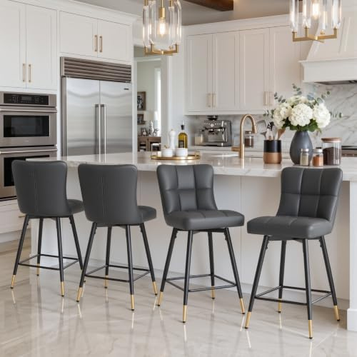 Bekrvio Lot de 4 Tabourets de Bar Pivotants, 66 cm, Similicuir, Gris | Assise 10 cm, dossier enveloppant et repose-pieds, confort, rotation 360° et charge maximale de 160 kg