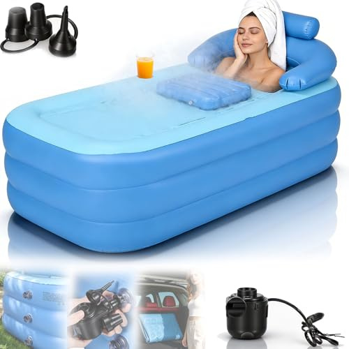 Aufblasbare Badewanne, 160x84x74cm XL Faltbare Tragbare Badewanne Mobile Klappbadewanne für Erwachsene mit Rückenstützkissen-Inkl. Getränkehalter-PVC Material für Spa Eisbad Camping
