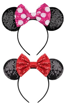 HeHeGe 2 PCS Mouse Ears Headbands Shiny Sequin Bows Hairband Hair Accessories for Christmas Cosplay Parties