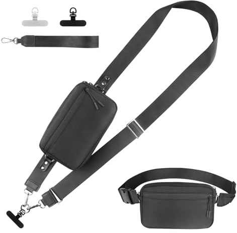 YFWE Handy-Gurt mit Geldbörse Crossbody | Abnehmbare RFID Blocking Armband Geldbörse Taillentasche | Universal Handy Lanyard mit 360° Drehbaren Clips für alle Smartphones (Black - XL)