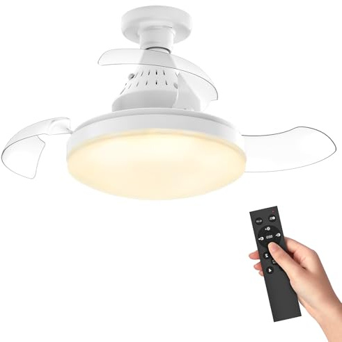 40cm Ventilador de Techo con Luz LED Regulable 30W Enchufe E27, Aspas Invisibles con Control Remoto, 4 Velocidades Ajustables 3 Temperaturas de Color 2400lm, para Dormitorio Salón Cocina Pasillo (A)