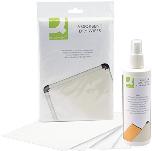 Q Connect Whiteboard Reinigungsset | Whiteboard-Reinigungstücher mit Whiteboard-Reinigungsflüssigkeit [250 ml] zur Grundreinigung von Schreib- und Planungstafeln (1, Set Tücher + Reinger)