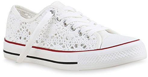 stiefelparadies Damen Sneakers Sport Sneaker Low Denim Stoff Blumen Camouflage Schuhe 135342 Weiss Agueda 38 Flandell