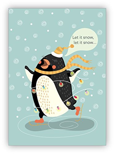 Kartenkaufrausch 1 Niedliche Winter Weihnachtskarte mit Schlittschuh laufendem Pinguin: Let it snow, let it snow • festliche Grußkarte zu Weihnachten, zum Jahreswechsel für Familie und Firma