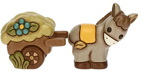 THUN - Soprammobile Asinello con Carretto in Ceramica Decorata a Mano, Linea Country Family, 7x3.1x6.5 h cm