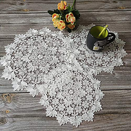 Yulakes 3 Stück weiße Spitze Runde Stickerei Tisch Tischset ,Handarbeit Geklöppelt Spitzendeckchen Baumwolle Placemat Blume Matte,Spitzendeckchen Häkeldeckchen Tischdecke 25cm/30cm/36cm