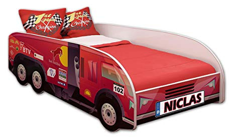 ACMA Kinderbett LKW Truck 140x70 cm Autobett Juniorbett für Kinder mit Matratze und Lattenrost, Spielbett mit Rausfallschutz, Kinderzimmer Bettmöbel, Design 03 Renn-LKW + Name