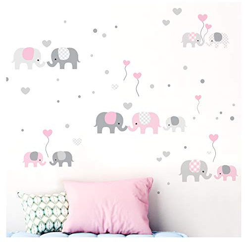 Little Deco Wandtattoo Kinderzimmer Mädchen Elefanten Grau Rosa I Zwei A4 Bögen I Wandaufkleber Deko Aufkleber Babyzimmer Wandsticker Sticker DL340-3