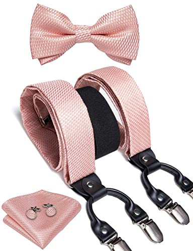 DiBanGu Paisleymuster Fliege und Träger für Herren, Smoking, strapazierfähig, 6 Clips, Hosenträger verstellbar, Y-Form, Herren-Hosenträger, 01 Blush Pink, Einheitsgröße