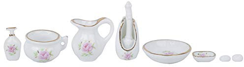 Rose Badezimmer Porzellan, 8Pcs 1:12 Puppenhaus Miniaturmöbel Rose Badezimmer Porzellan Set Puppenhaus DIY Dekoration Ornament(Rose)