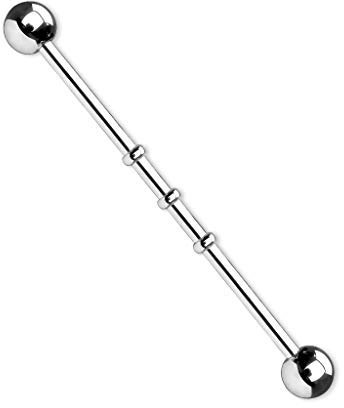 Paula & Fritz® Industrial Ohr-Piercing Stab 3 Ringe Chirurgenstahl 38mm Stab-länge 1.6 mm Stab-Dicke Silber Barbell