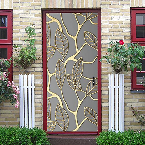 Türtapete Selbstklebend 95X210 Graugoldene Blätter Türtapete Selbstklebend Türposter Fototapete Türfolie Poster Tapete 3D Türaufkleber Diy Türbild