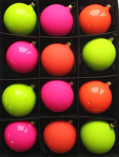 Lichte Thüringer Christbaumschmuck Exclusiv NEON Glaskugeln bunt 8cm Handarbeit Germany 12er Set, Pink Orange Gelb