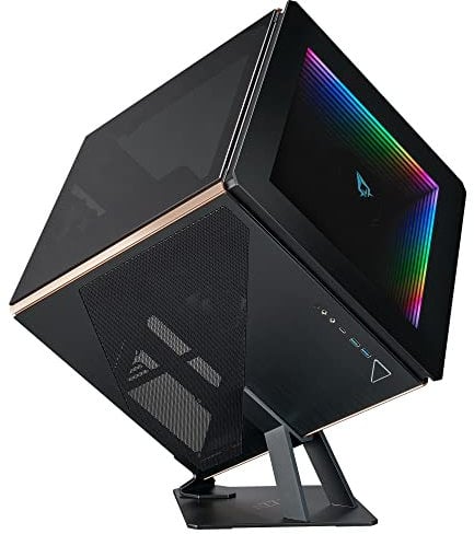 Azza Regis 902 – Luxuriöses Würfelgehäuse | Infinity RGB Panel | 3-seitiges gehärtetes Glas | CNC gefräster Aluminiumständer