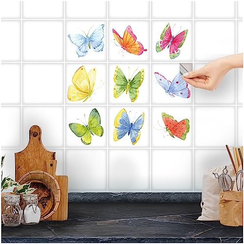 FoLIESEN - Weiße Fliesenaufkleber mit Aquarell-Schmetterlinge für Bad, Küche, Badezimmer - Fliesen-Folie selbstklebend - 9 Klebefliesen, .:15x15 cm - Weiß matt