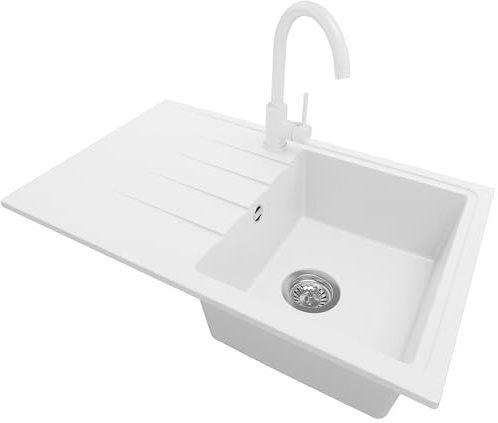 PRIMAGRAN Granitspüle ab 45er Unterschrank + Küchenarmatur, 78x50cm | Set: Küchenarmatur BW5010 + Ablauf-Set (Siphon, Ablaufgarnitur, Überlauf) + Spülbecken 1 Becken - Mailand, Weiß