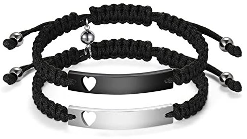 JewelryWe Schmuck 2pcs Pärchen Armband Lederarmband mit Magnet Kugel Herz Hochglanz Poliert Edelstahl Leder geflochten Partnerarmband Freundschaftsarmband Paar Armreifen Verstellbar, Schwarz Silber