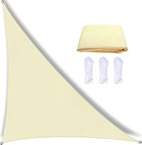 Fidrisen Voile d'ombrage triangulaire, imperméable, angle droit, avec 3 cordes de fixation, polyester PES, 95 % protection anti-UV - Pour balcon, jardin, terrasse, 4 x 4 x 5,7 m - Blanc crème
